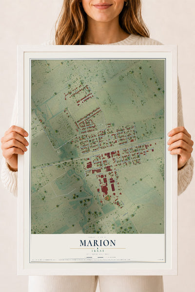 Map of Marion, Texas, 18 x 24 inch print in a white wood frame