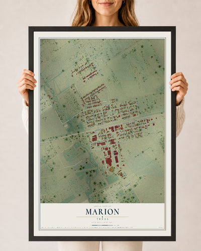 Map of Marion, Texas, 24 x 36 inch print in a black wood frame