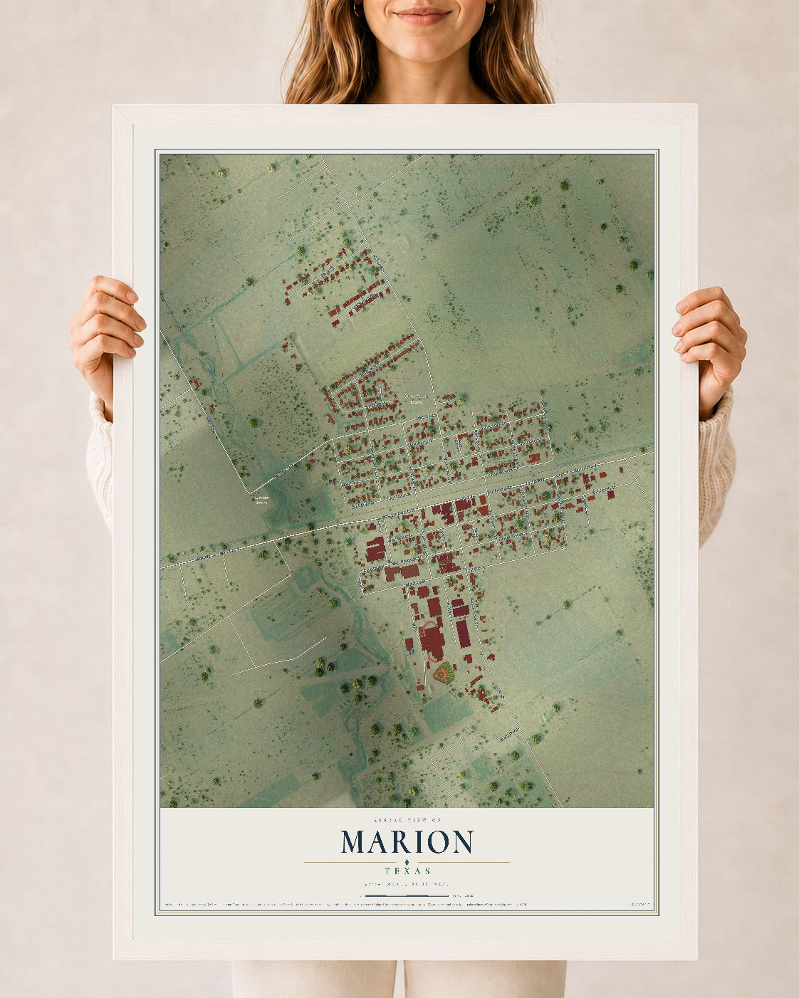 Map of Marion, Texas, 24 x 36 inch print in a white wood frame