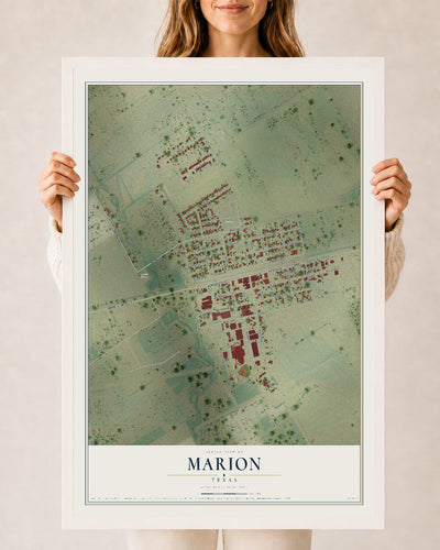 Map of Marion, Texas, 24 x 36 inch print in a white wood frame