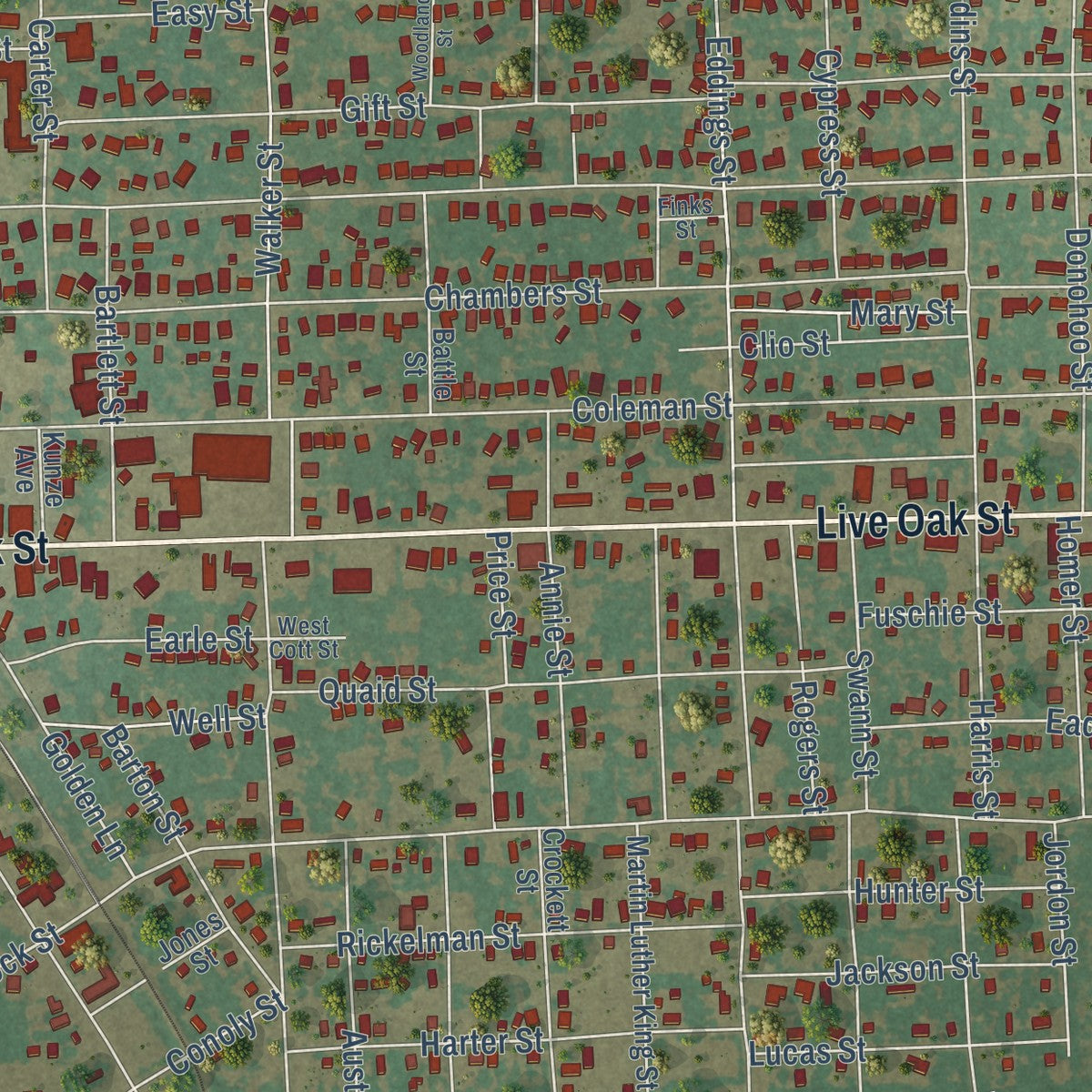 Close-up of the map of Marlin, Texas print showing street and building detail