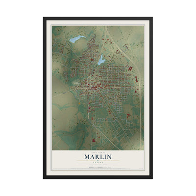 Map of Marlin, Texas, 12 x 18 inch print in a black wood frame