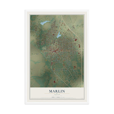 Map of Marlin, Texas, 12 x 18 inch print in a white wood frame