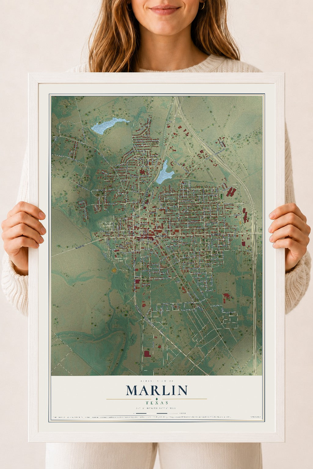 Map of Marlin, Texas, 18 x 24 inch print in a white wood frame