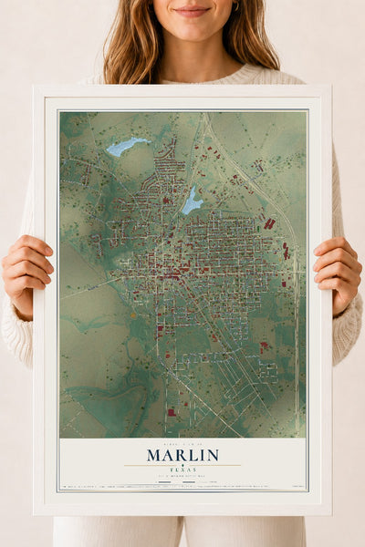 Map of Marlin, Texas, 18 x 24 inch print in a white wood frame
