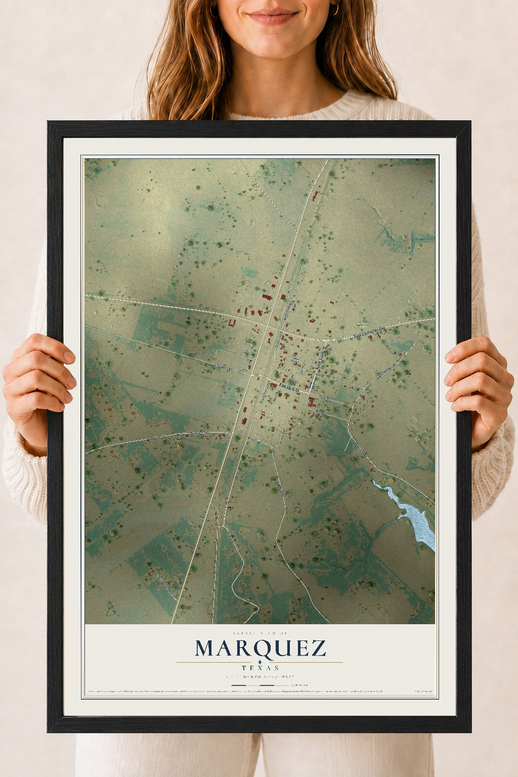 Map of Marquez, Texas, 18 x 24 inch print in a black wood frame