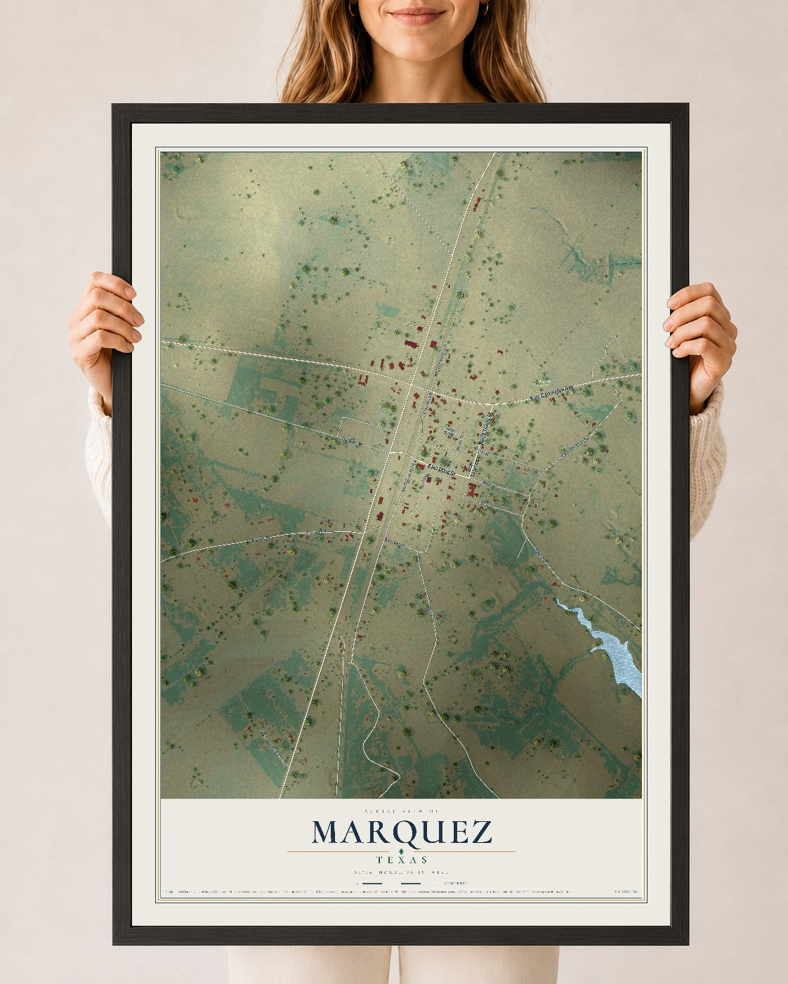 Map of Marquez, Texas, 24 x 36 inch print in a black wood frame