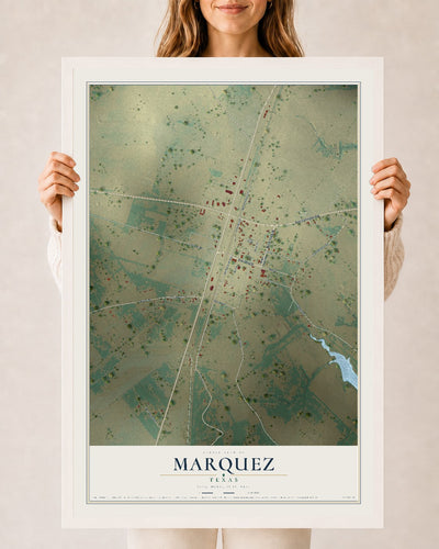 Map of Marquez, Texas, 24 x 36 inch print in a white wood frame