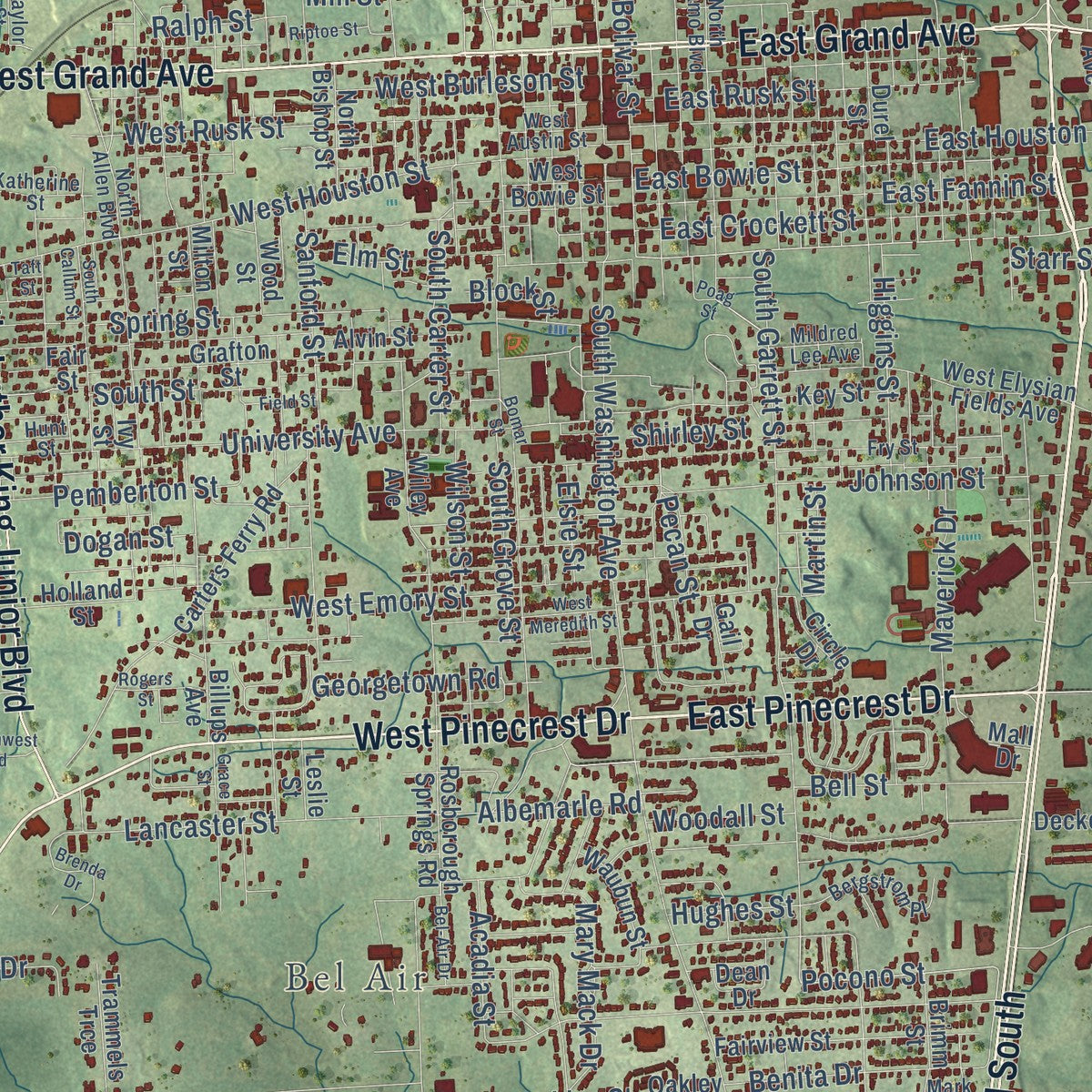 Close-up of the map of Marshall, Texas print showing street and building detail