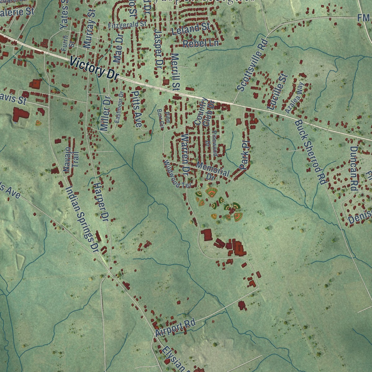 Second close-up of the map of Marshall, Texas print showing more streets and buildings