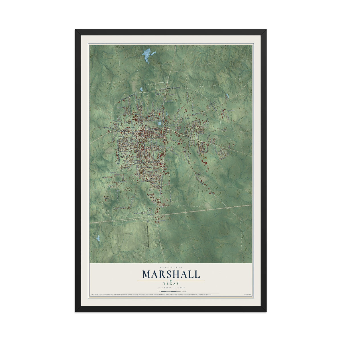 Map of Marshall, Texas, 12 x 18 inch print in a black wood frame