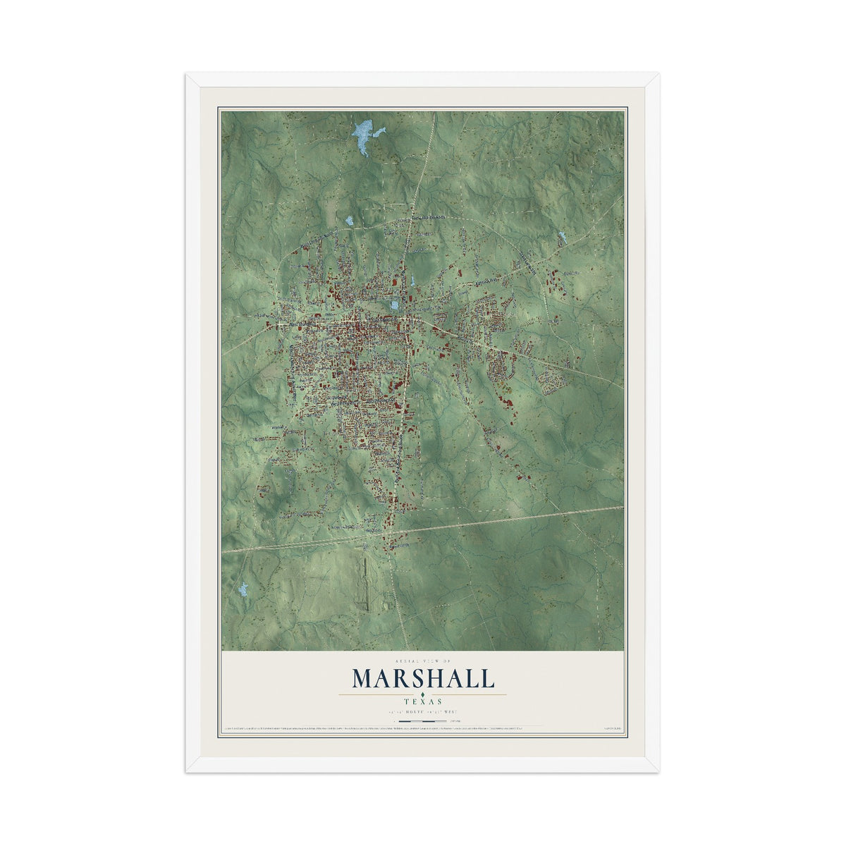 Map of Marshall, Texas, 12 x 18 inch print in a white wood frame