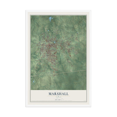 Map of Marshall, Texas, 12 x 18 inch print in a white wood frame