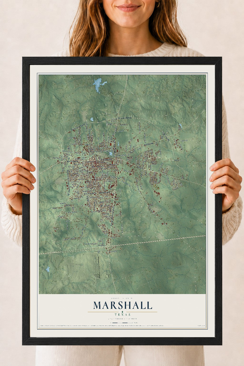 Map of Marshall, Texas, 18 x 24 inch print in a black wood frame