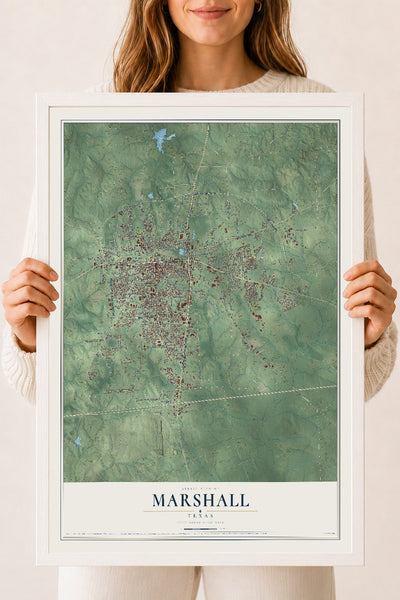 Map of Marshall, Texas, 18 x 24 inch print in a white wood frame