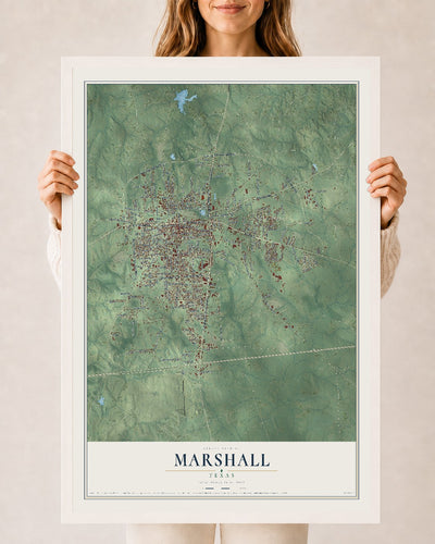 Map of Marshall, Texas, 24 x 36 inch print in a white wood frame