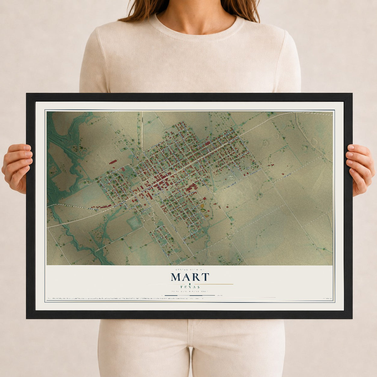 Map of Mart, Texas, 12 x 18 inch print in a black wood frame