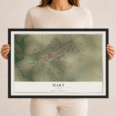 Map of Mart, Texas, 12 x 18 inch print in a black wood frame