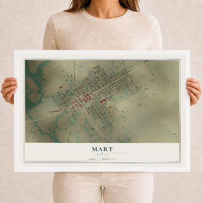 Map of Mart, Texas, 12 x 18 inch print in a white wood frame