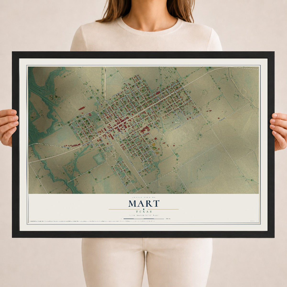 Map of Mart, Texas, 18 x 24 inch print in a black wood frame