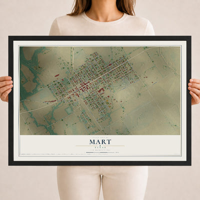 Map of Mart, Texas, 18 x 24 inch print in a black wood frame