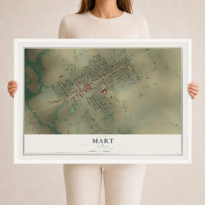 Map of Mart, Texas, 24 x 36 inch print in a white wood frame