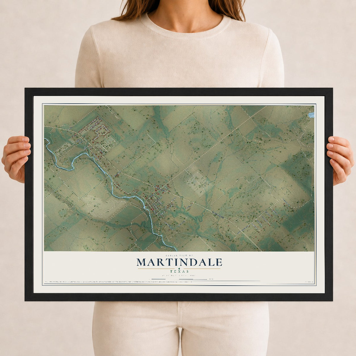Map of Martindale, Texas, 12 x 18 inch print in a black wood frame