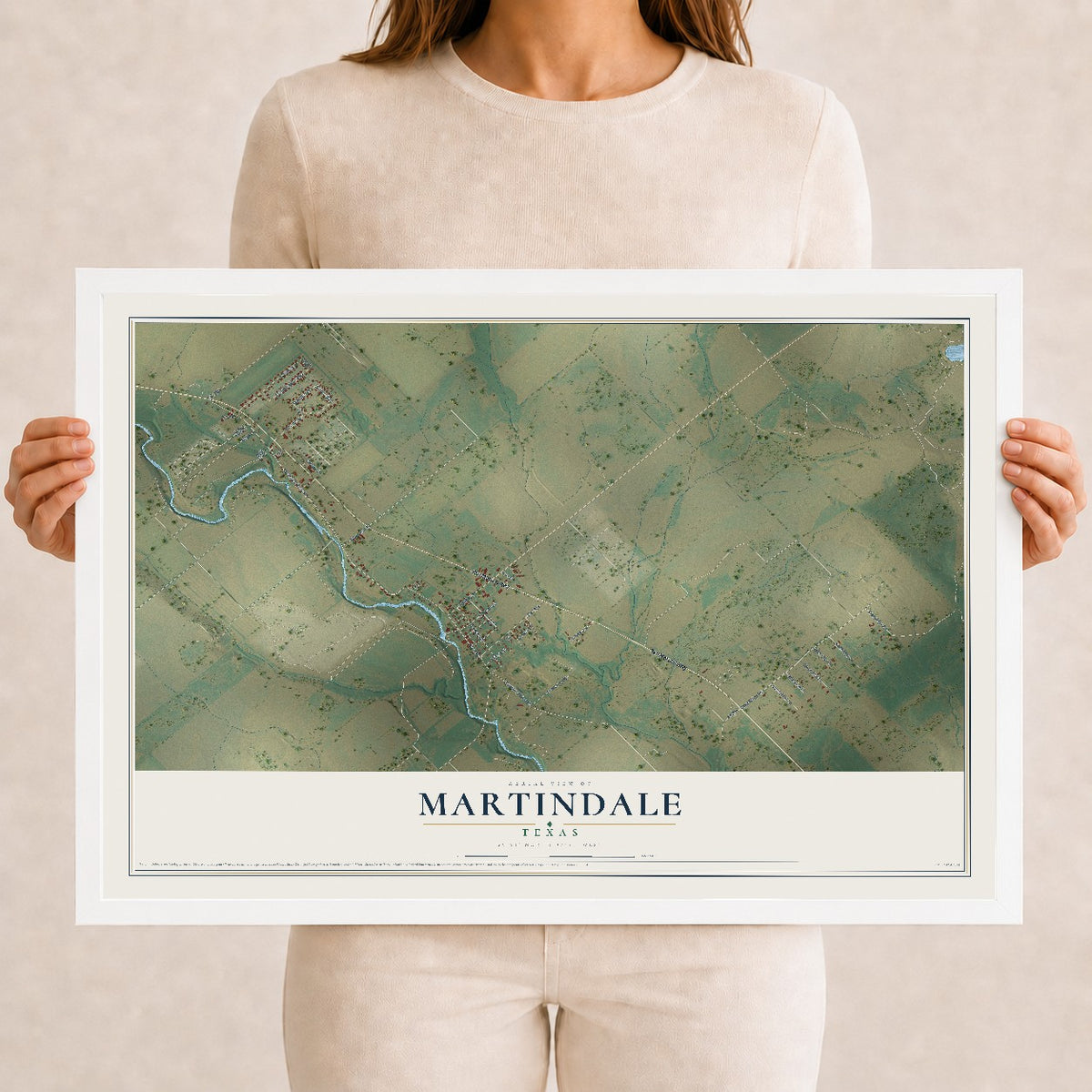 Map of Martindale, Texas, 12 x 18 inch print in a white wood frame