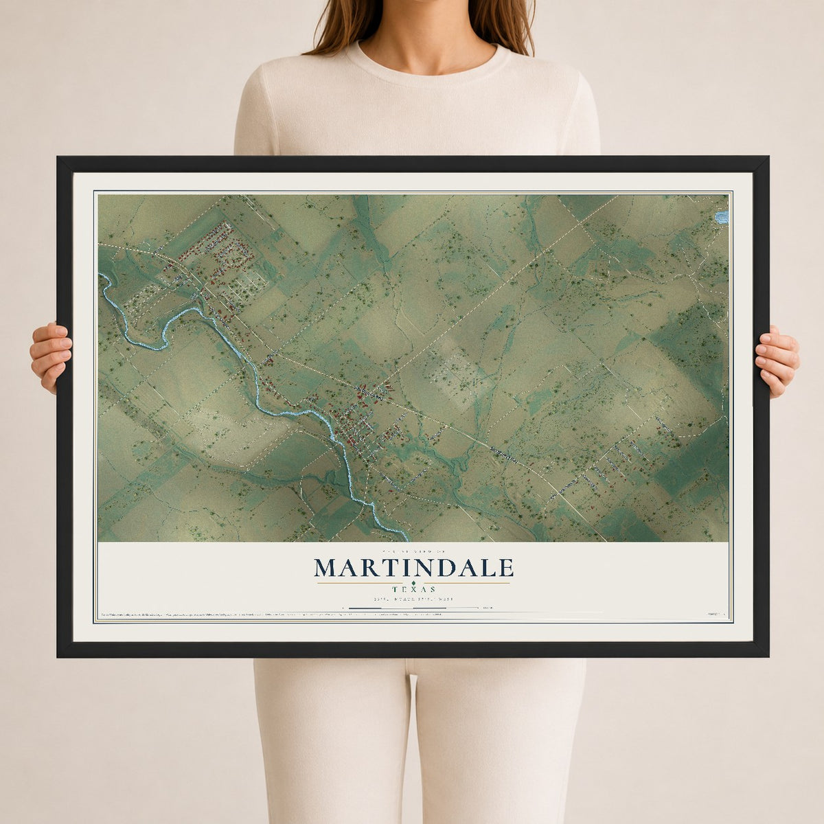 Map of Martindale, Texas, 24 x 36 inch print in a black wood frame