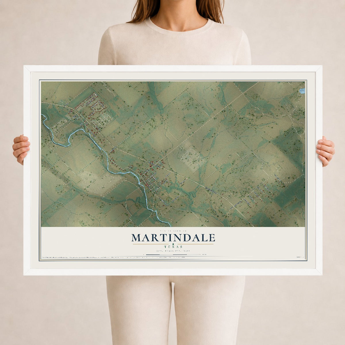 Map of Martindale, Texas, 24 x 36 inch print in a white wood frame