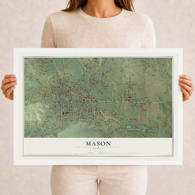 Map of Mason, Texas, 12 x 18 inch print in a white wood frame