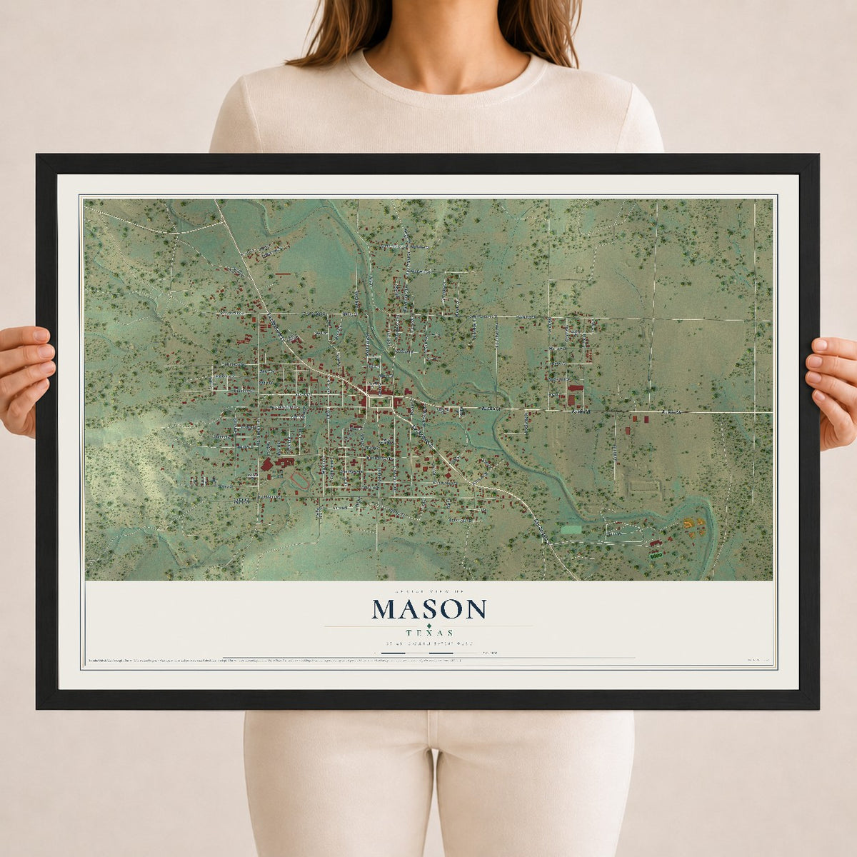 Map of Mason, Texas, 18 x 24 inch print in a black wood frame
