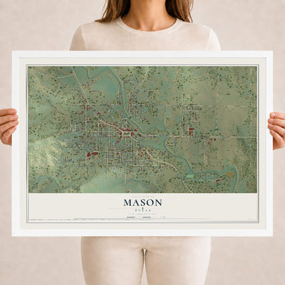 Map of Mason, Texas, 18 x 24 inch print in a white wood frame