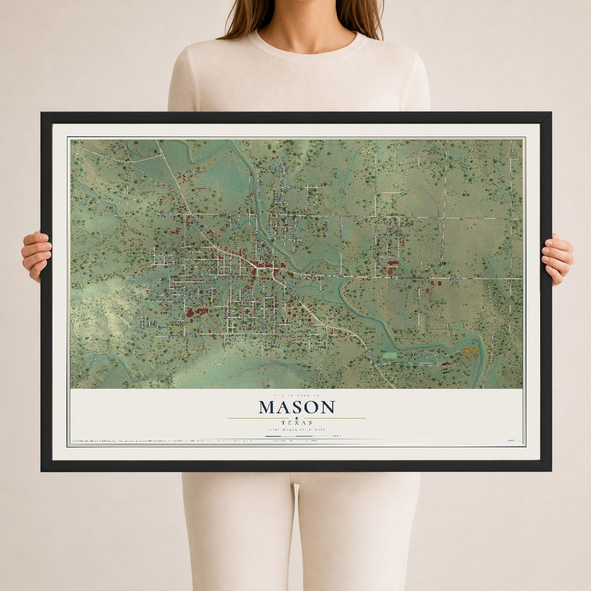 Map of Mason, Texas, 24 x 36 inch print in a black wood frame