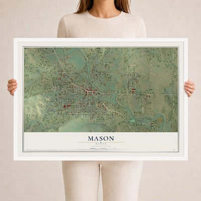 Map of Mason, Texas, 24 x 36 inch print in a white wood frame