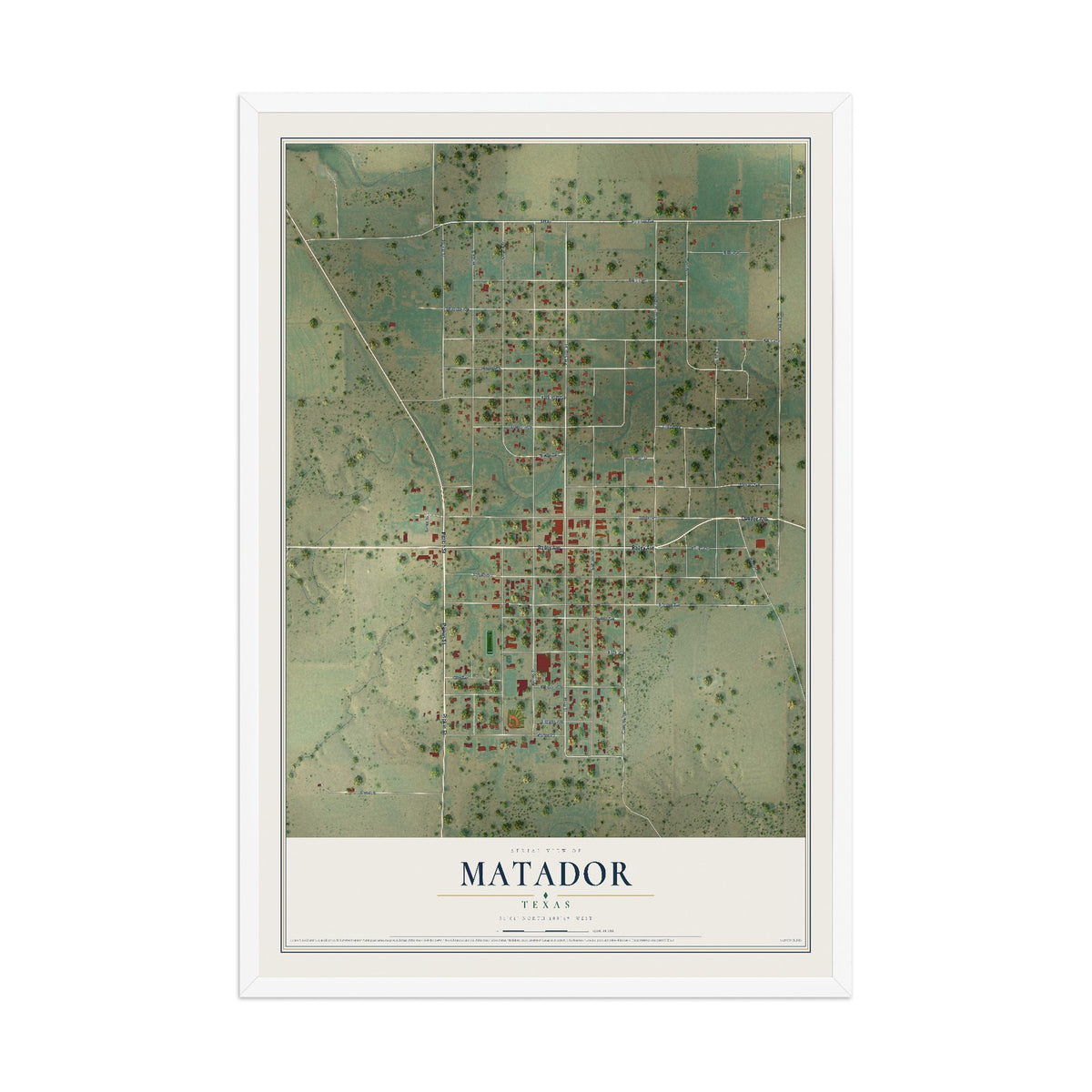 Map of Matador, Texas, 12 x 18 inch print in a white wood frame