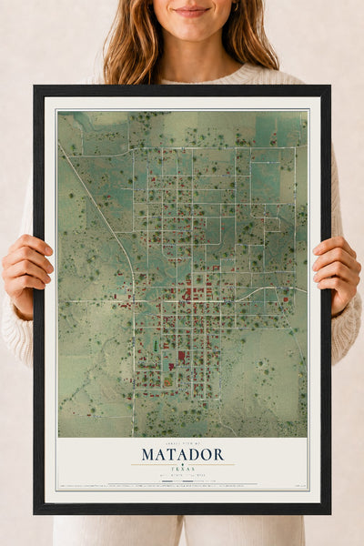 Map of Matador, Texas, 18 x 24 inch print in a black wood frame