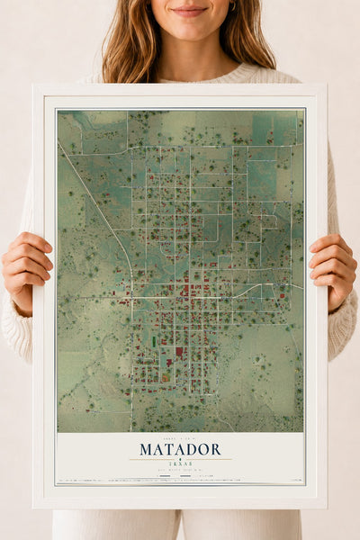 Map of Matador, Texas, 18 x 24 inch print in a white wood frame