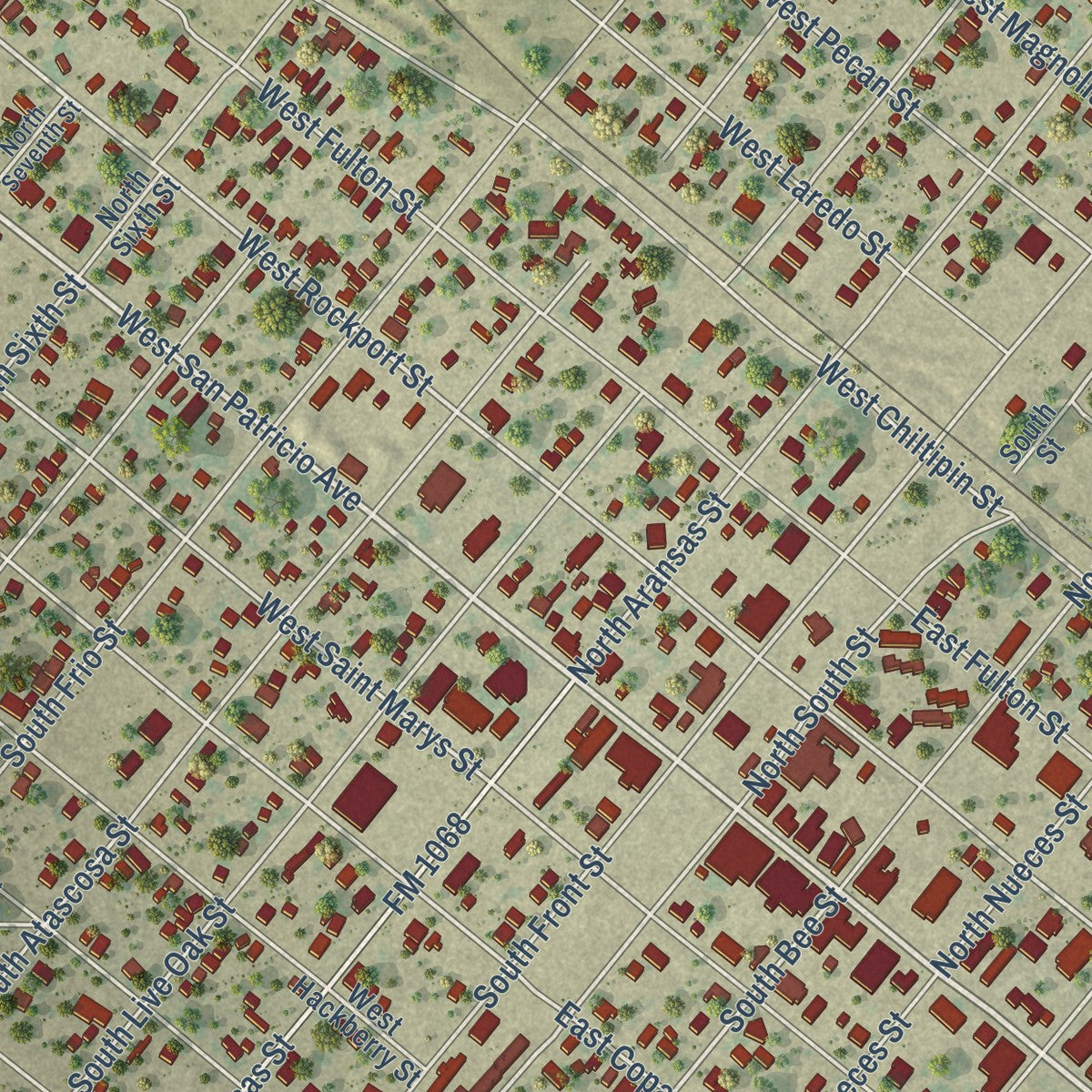 Close-up of the map of Mathis, Texas print showing street and building detail