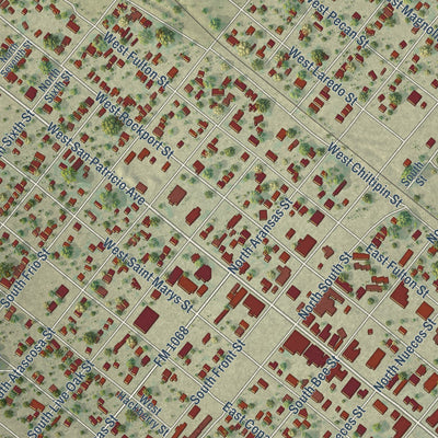 Close-up of the map of Mathis, Texas print showing street and building detail