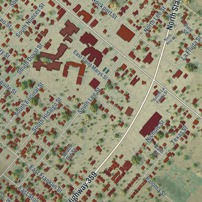 Second close-up of the map of Mathis, Texas print showing more streets and buildings