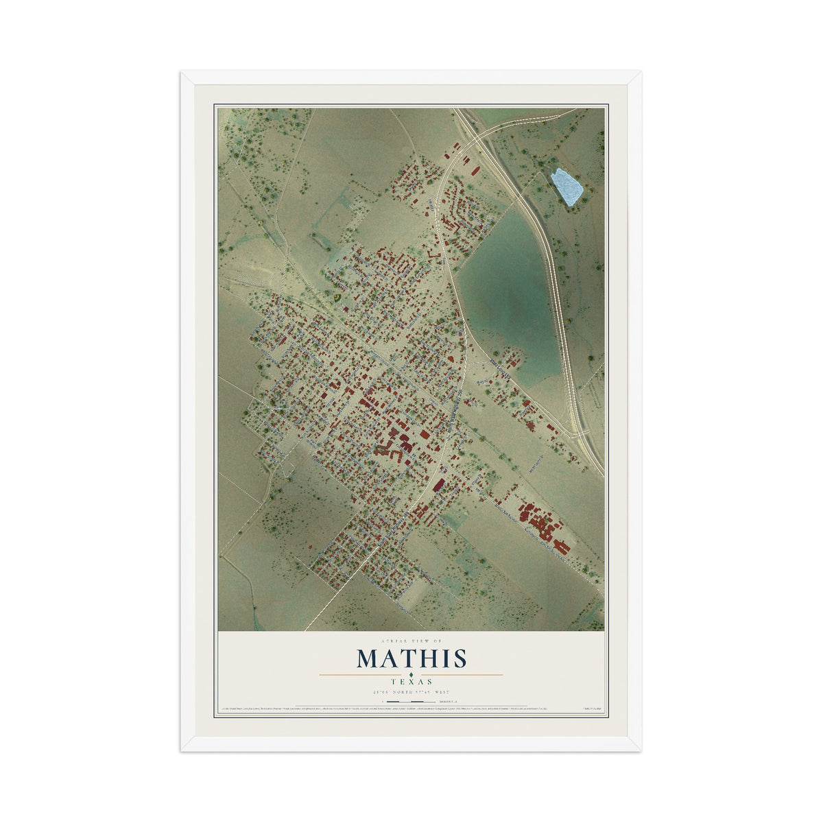 Map of Mathis, Texas, 12 x 18 inch print in a white wood frame