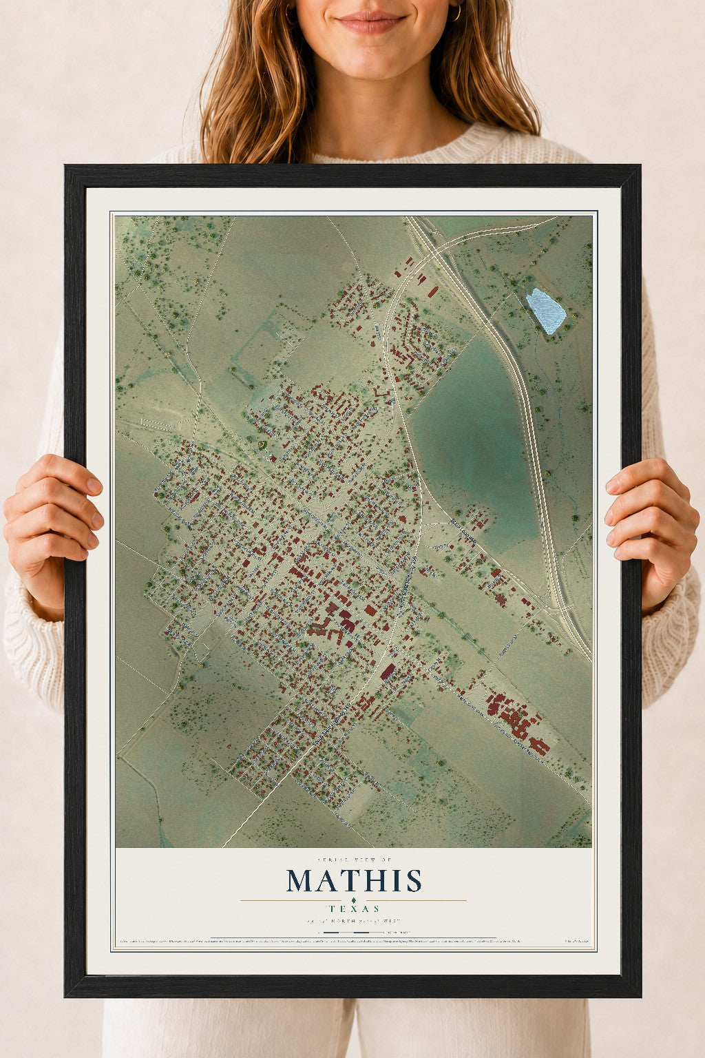 Map of Mathis, Texas, 18 x 24 inch print in a black wood frame