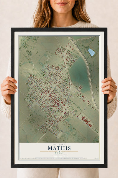 Map of Mathis, Texas, 18 x 24 inch print in a black wood frame
