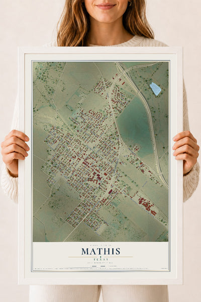 Map of Mathis, Texas, 18 x 24 inch print in a white wood frame
