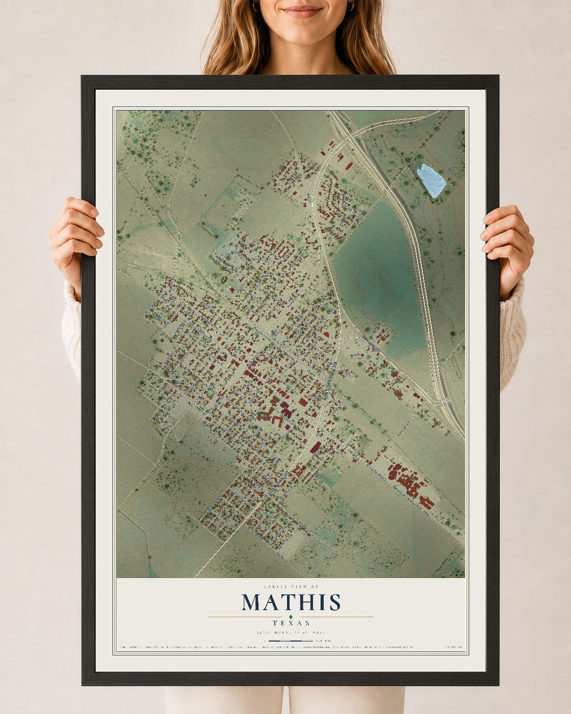 Map of Mathis, Texas, 24 x 36 inch print in a black wood frame