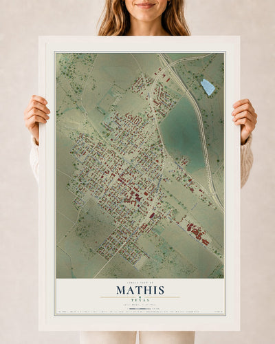 Map of Mathis, Texas, 24 x 36 inch print in a white wood frame