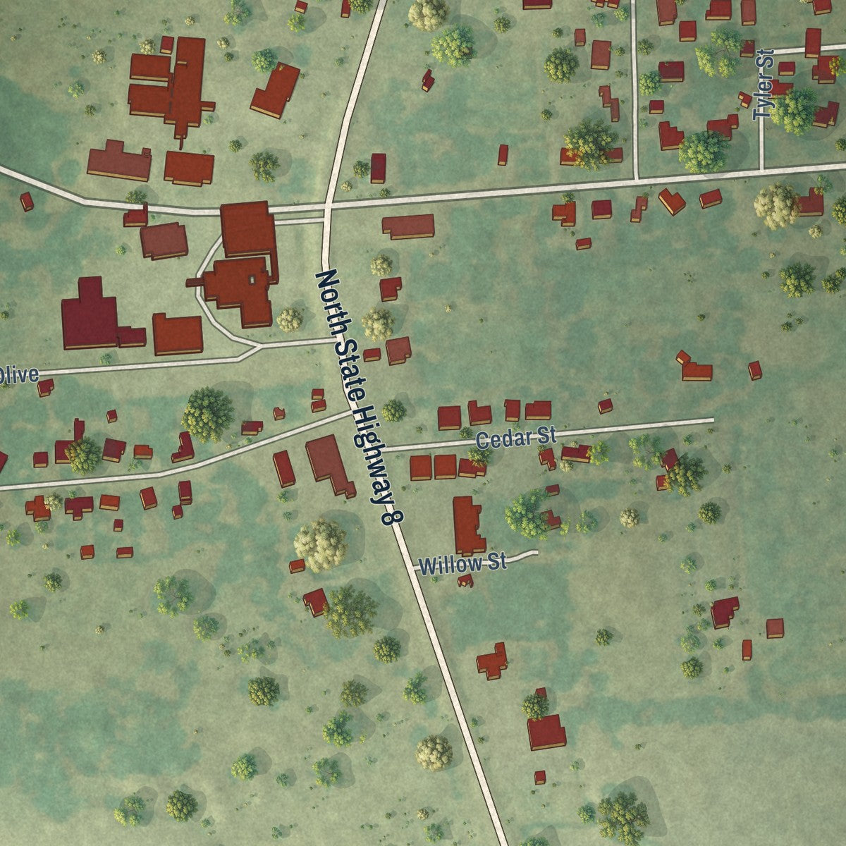 Second close-up of the map of Maud, Texas print showing more streets and buildings