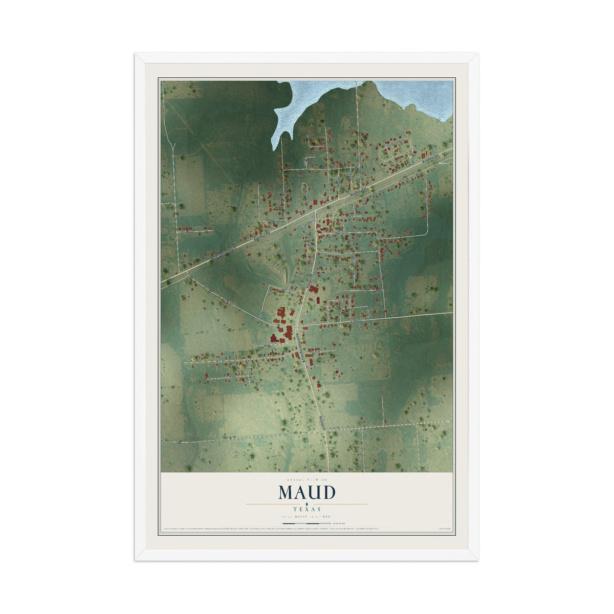 Map of Maud, Texas, 12 x 18 inch print in a white wood frame