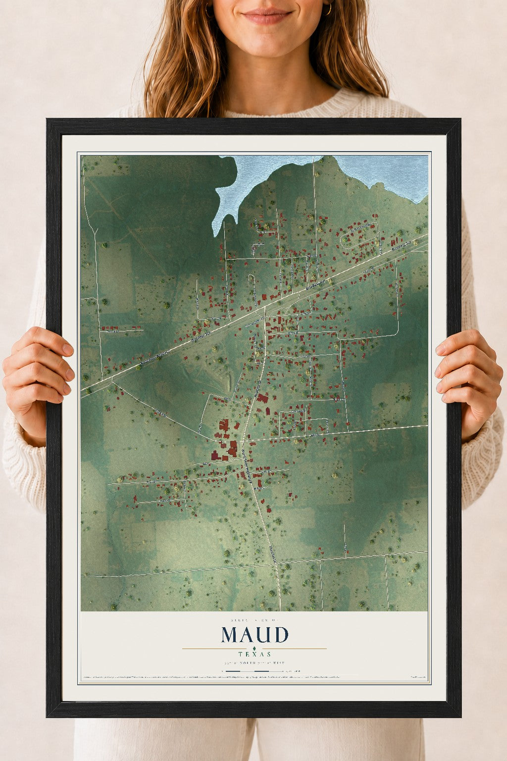 Map of Maud, Texas, 18 x 24 inch print in a black wood frame